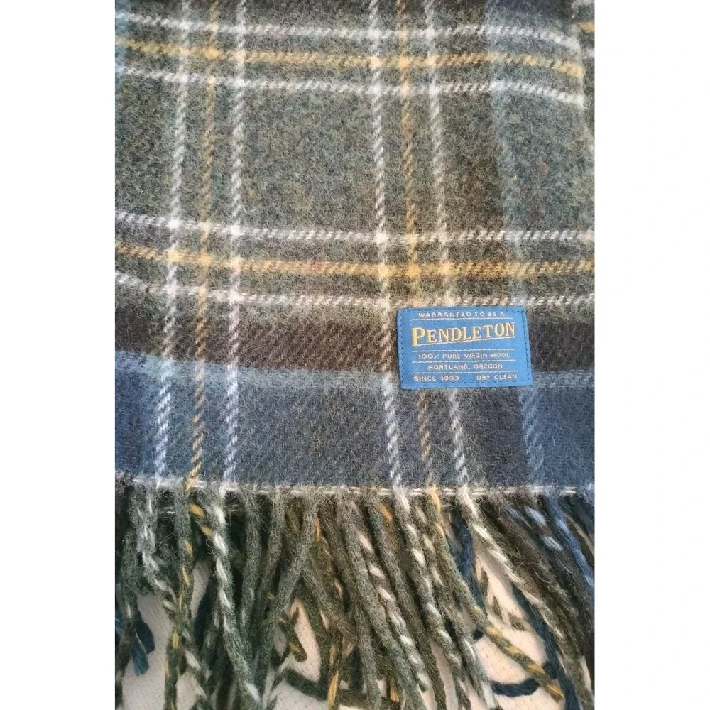 Pendleton 100% Pure Virgin Wool Throw Blanket Blue Green Plaid Tartan Fringe
